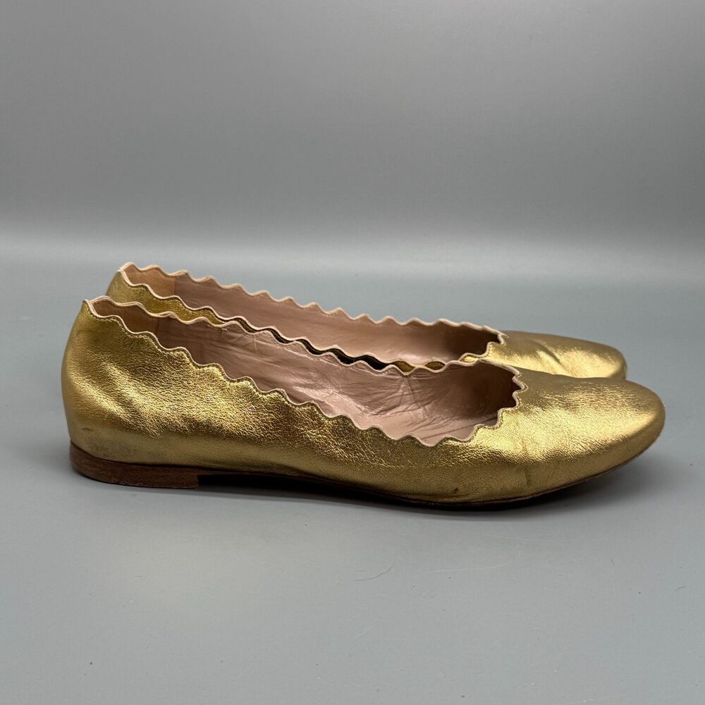 Chloé Lauren Women's 7 Gold Metallic Leather Ballerina Flats Slip-On Comfort
